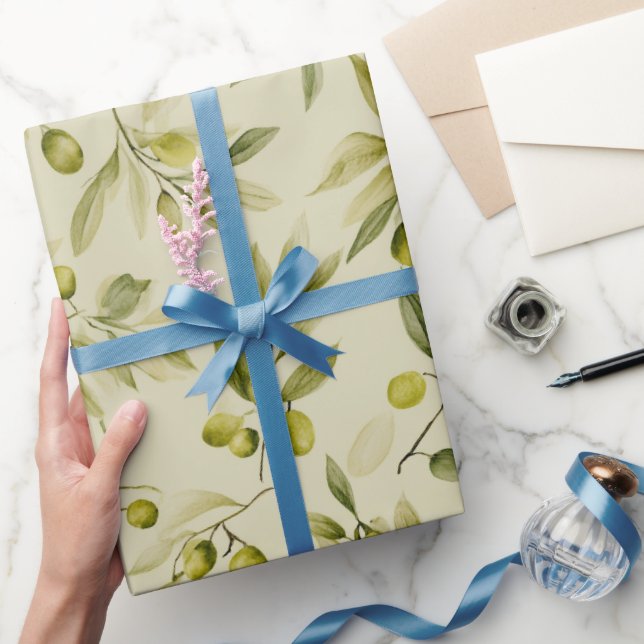 Papel De Presente Padrão de aquarela de oliveira bege suave (Presentear)