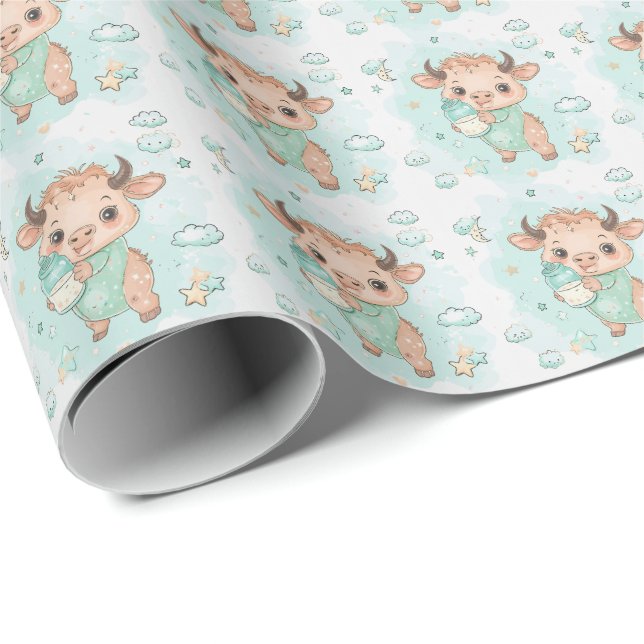 Papel De Presente Padrão de Aquarela de Pastel de Bebê Cute Bison (Ponta do rolo)