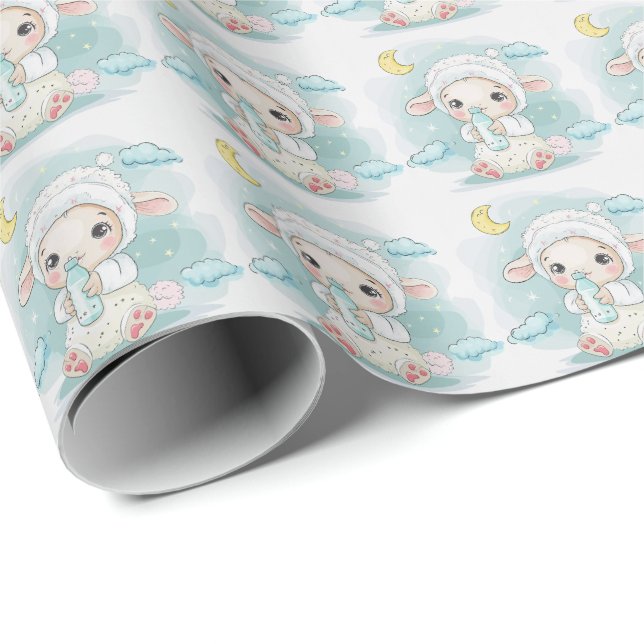 Papel De Presente Padrão De Aquarela De Pastel De Bebê Cute De Lamb (Ponta do rolo)