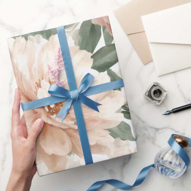 Papel De Presente Padrão de Aquarela de Peônia com Rosa Pastel Moder (Presentear)