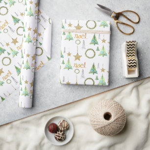 Papel De Presente Padrão de Aquarela de Pinheiro com Estrelas Dourad