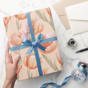 Papel De Presente Padrão de Aquarela de Tulipa Coral de Pêssego Româ
