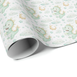 Papel De Presente Padrão de Aquarela do Bebê do Dragão Verde