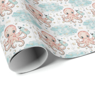 Papel De Presente Padrão de Aquarela do Octopus Cute Baby Pastel