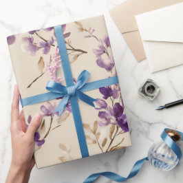 Papel De Presente Padrão de Aquarela Flor de Lavanda Bege Clássico