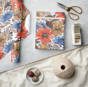 Papel De Presente Padrão de Aquarela Floral Azul Pastel Terracotta