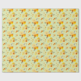 Papel De Presente Padrão de Aquarela Floral com Limão e Rosa Amarela