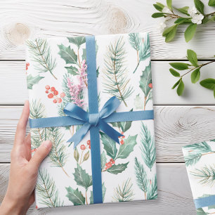 Papel De Presente Padrão de Aquarela Floral de Natal Moderno