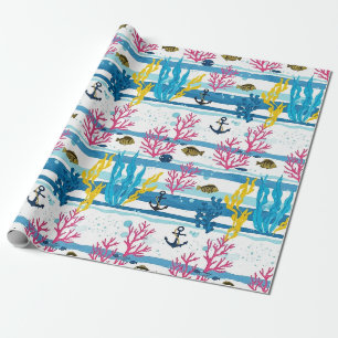 Papel De Presente Padrão de Aquarela Náutica Retro (2)