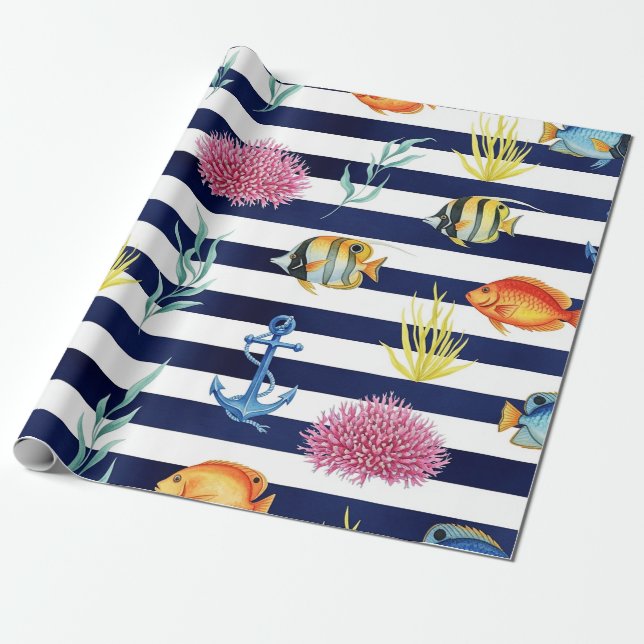 Papel De Presente Padrão de Aquarela Náutica Retro (8) (Desenrolado)