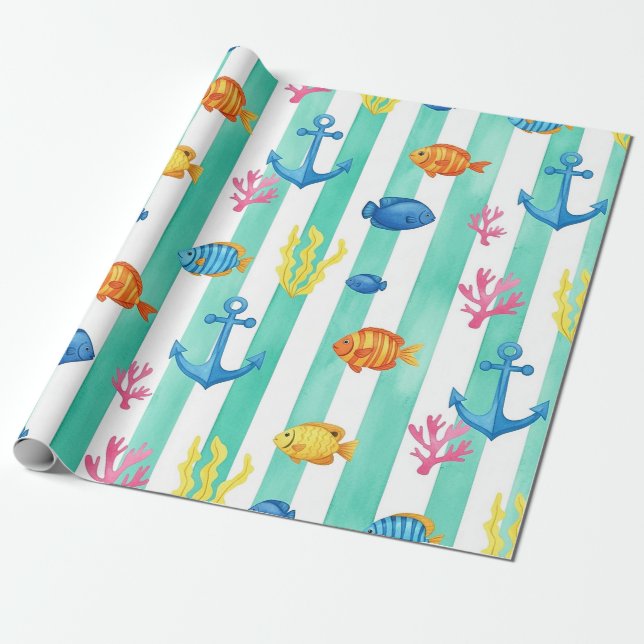Papel De Presente Padrão de Aquarela Náutica Retro (9) (Desenrolado)