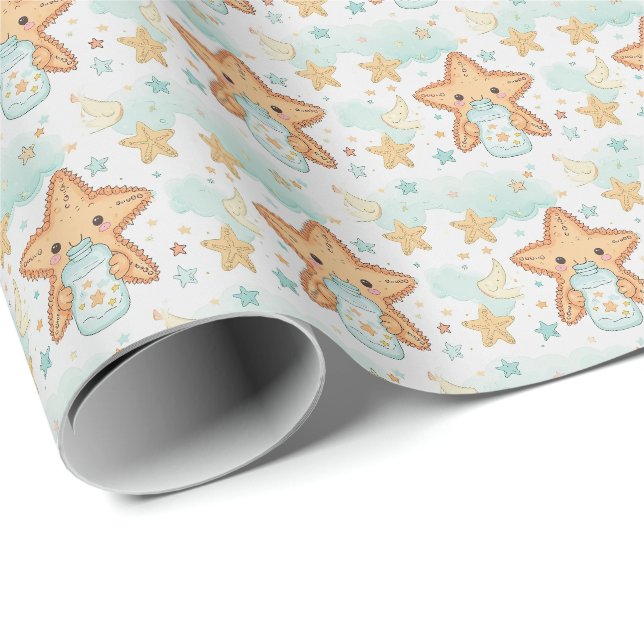 Papel De Presente Padrão de aquarela pastel de bebê fofo de estrela- (Ponta do rolo)