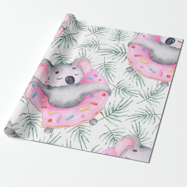 Papel De Presente Padrão de aquarela pintada à mão com koala tropica (Desenrolado)