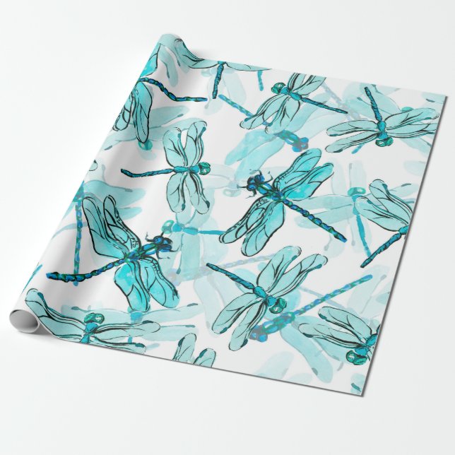 Papel De Presente Padrão de aquarela sem costura com libélula elegan (Desenrolado)