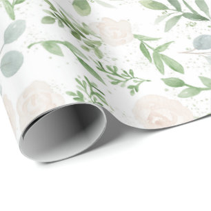Papel De Presente Padrão de Aquarela Verde e Flores Brancas