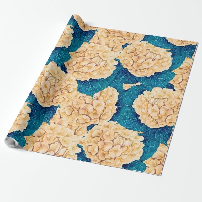 Papel De Presente Padrão de aquarelas Hydrangea, amarelo e azul (Desenrolado)
