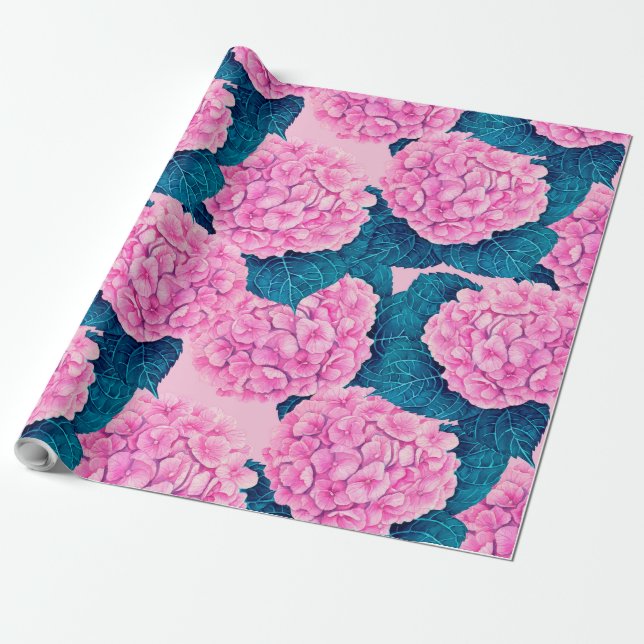 Papel De Presente Padrão de aquarelas Hydrangea, rosa e azul (Desenrolado)