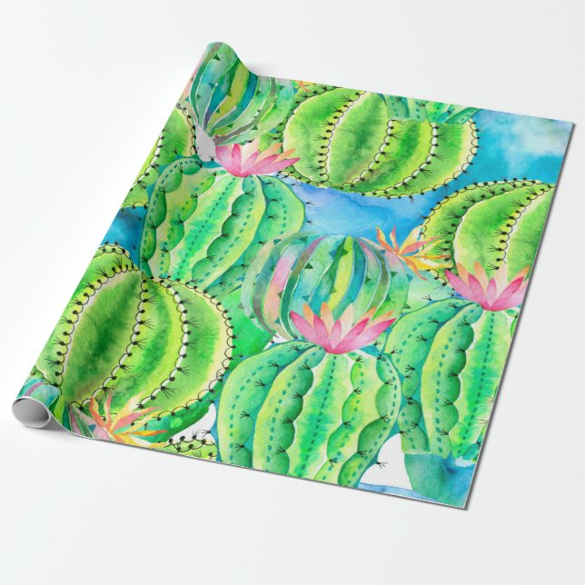 Papel De Presente Padrão de aquarelas sem costura dos cactos. Soma F (Desenrolado)