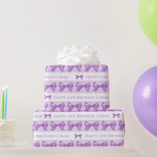 Papel De Presente Padrão de arco roxo em aquarela com listra branca  (Presentes para festas)