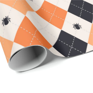 Papel De Presente Padrão de Argyle de Aranha Negra e Laranja do Hall
