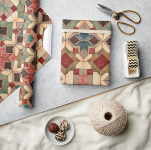 Papel De Presente Padrão de Arte de Bloco de Colcha Geométrica Vinta