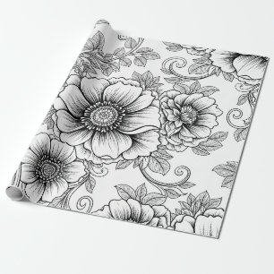 Papel De Presente Padrão de Arte de Linha Floral Preto e Branco Eleg