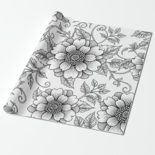Papel De Presente Padrão de Arte de Linha Floral Preto e Branco Eleg