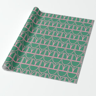 Papel De Presente Padrão de Arte de Linha Floral Verde e Rosa
