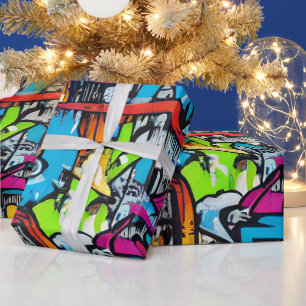 Papel De Presente Padrão de Arte de Rua Grafite Cores Brilhantes e N