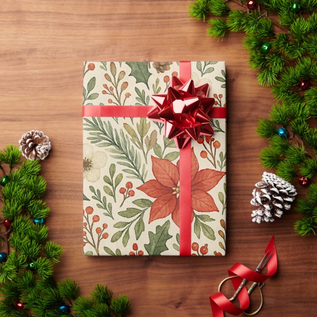 Papel De Presente Padrão de Arte Floral Botânica Elegante de Poinset (Presente de Natal)