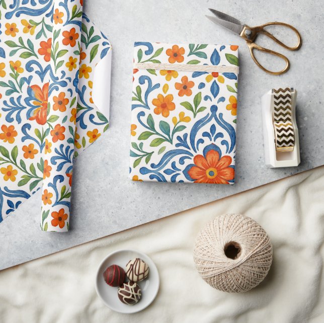 Papel De Presente Padrão de Arte Floral Clássica Mediterrânica (Artesanato)