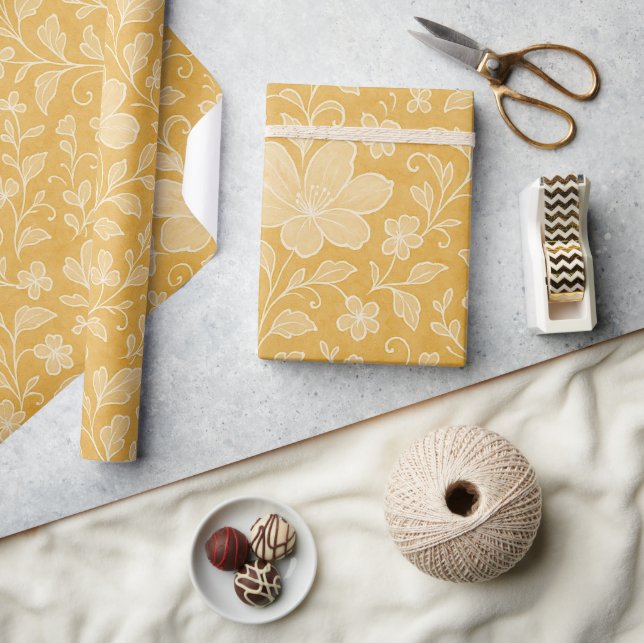 Papel De Presente Padrão de Arte Floral de Folhas Sofisticadas em Am (Artesanato)