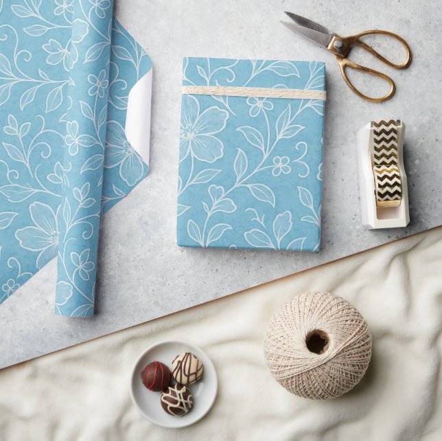 Papel De Presente Padrão de Arte Floral de Folhas Sofisticadas em Az (Artesanato)
