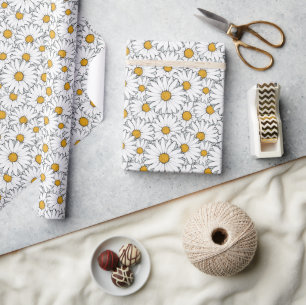 Papel De Presente Padrão de Arte Floral de Margaridas Brancas Amarel