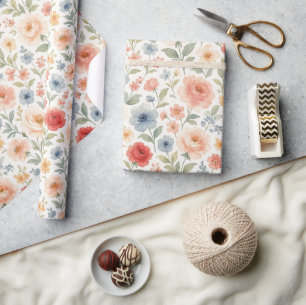 Papel De Presente Padrão de Arte Floral Francês Chic e Fofo
