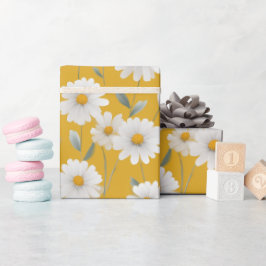 Papel De Presente Padrão de Arte Floral Margaridas Brancas Amarelas 