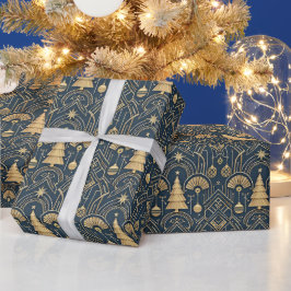 Papel De Presente Padrão de árvore de Natal Art Déco azul marinho
