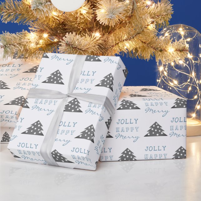 Papel De Presente Padrão de árvore de Natal azul cinza moderno Féria (Feriados)