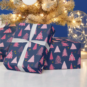 Papel De Presente Padrão de Árvore de Natal Azul e Rosa