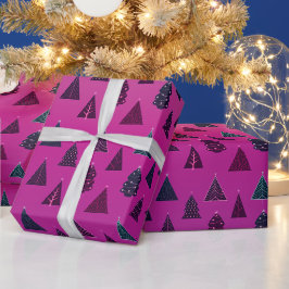 Papel De Presente Padrão de Árvore de Natal Azul e Rosa