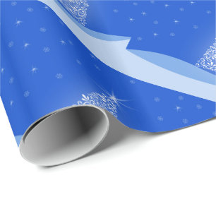 Papel De Presente Padrão de Árvore de Natal Branco Azul com Estrel