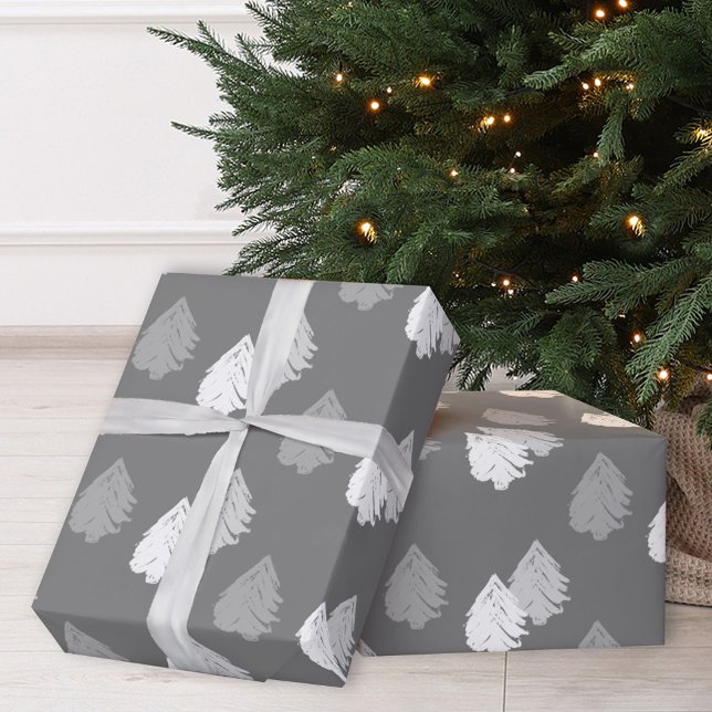 Papel De Presente Padrão de Árvore de Natal Branco da cinza (Criador carregado)