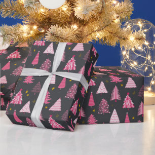 Papel De Presente Padrão de árvore de Natal cinza e rosa