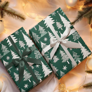 Papel De Presente Padrão de Árvore de Natal da Cinza Verde Elegante