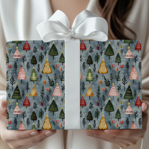 Papel De Presente Padrão de árvore de Natal da floresta de inverno c