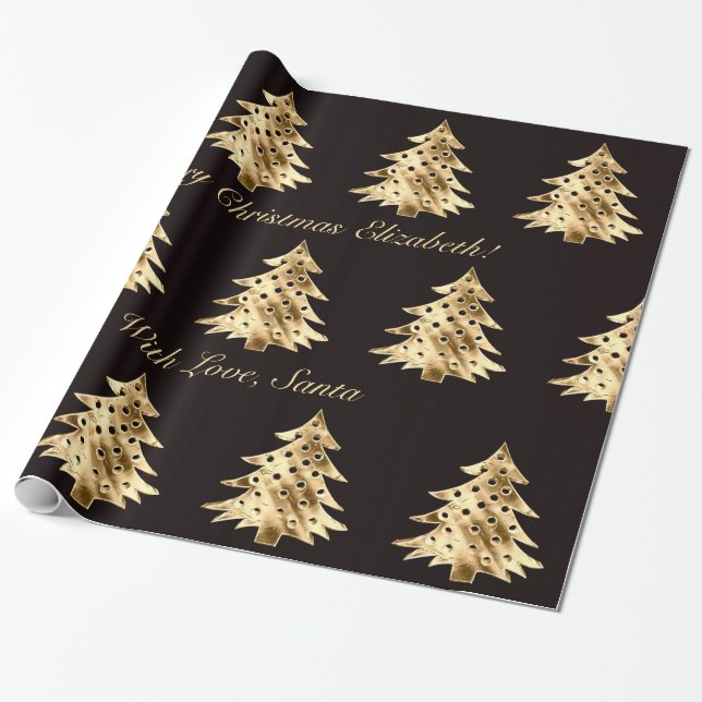Papel De Presente Padrão de Árvore de Natal de Folha de Ouro Preta e (Desenrolado)