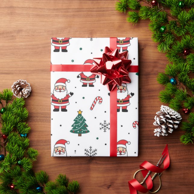 Papel De Presente Padrão de Árvore de Natal de papais noeis (Presente de Natal)