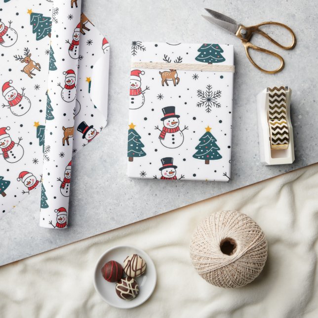 Papel De Presente Padrão de Árvore de Natal de Snowman Reindeer (Artesanato)