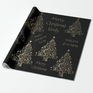 Papel De Presente Padrão de Árvore de Natal Elegante com Nome Preto