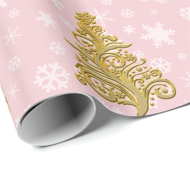 Papel De Presente Padrão de Árvore de Natal Elegante Dourada e rosa (Ponta do rolo)